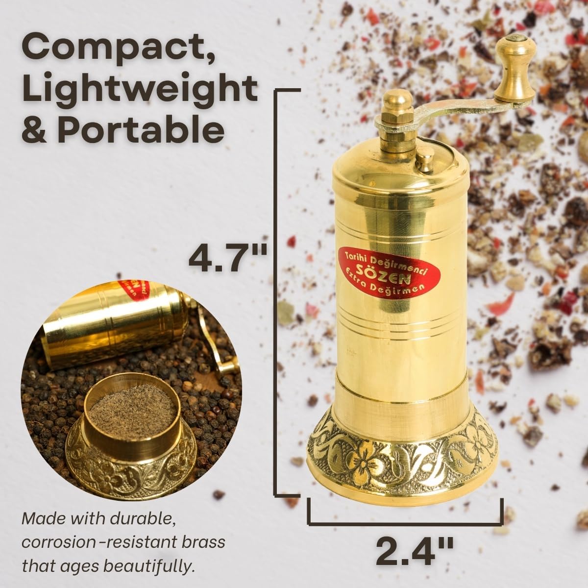 Sozen 4.7" Manual Pepper Grinder Brass – Handmade Turkish Pepper Mill, Conical Burr Spice Grinder, Portable Hand Crank Mill for Salt, Peppercorns, and Other Spices with Durable Brass Decor