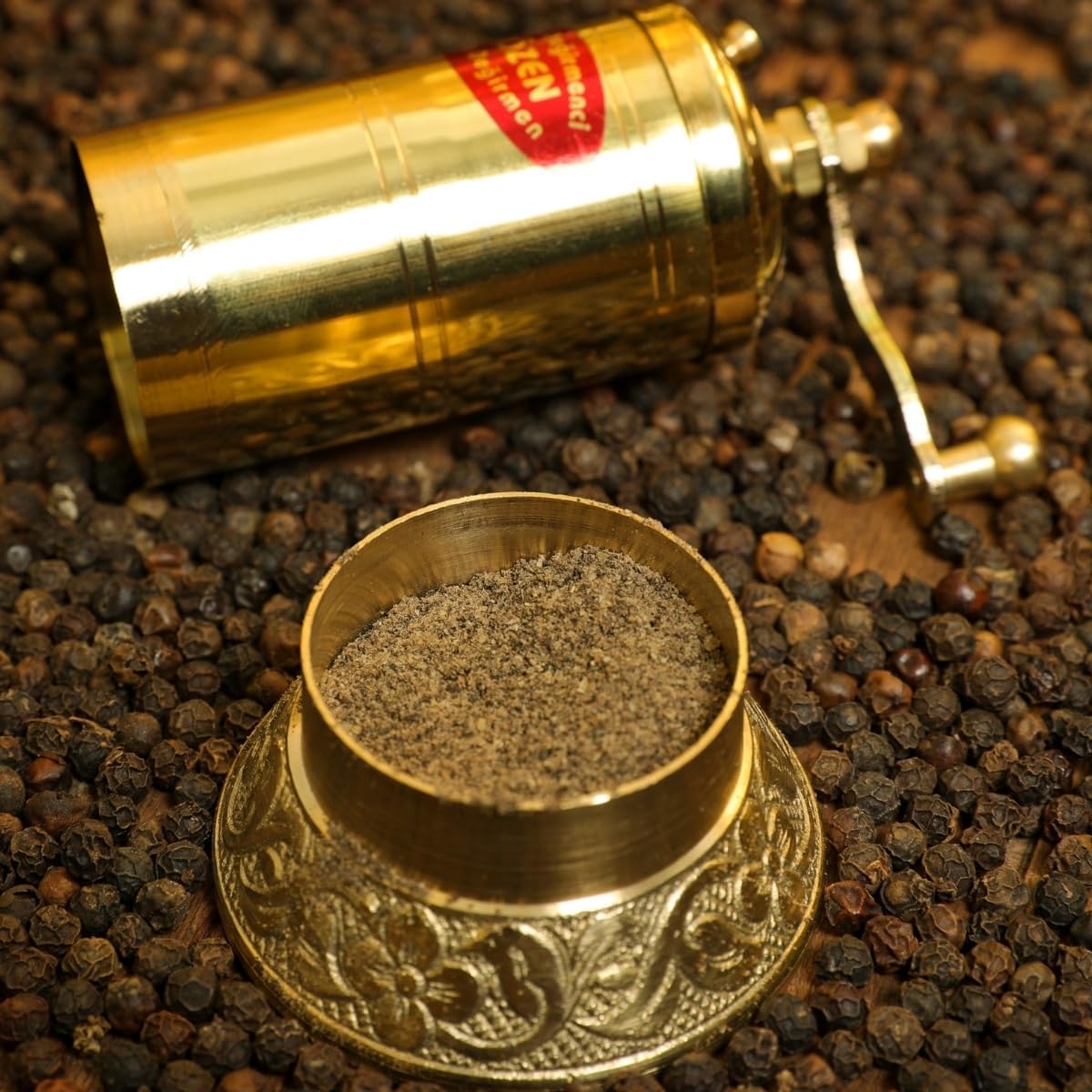 Sozen 4.7" Manual Pepper Grinder Brass – Handmade Turkish Pepper Mill, Conical Burr Spice Grinder, Portable Hand Crank Mill for Salt, Peppercorns, and Other Spices with Durable Brass Decor