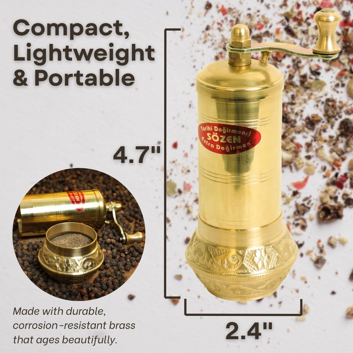 Sozen 4.7" Bowl Bottom Manual Pepper Grinder Brass – Handmade Turkish Pepper Mill, Conical Burr Spice Grinder, Portable Hand Crank Mill for Salt, Peppercorns, and Other Spices with Durable Brass Decor