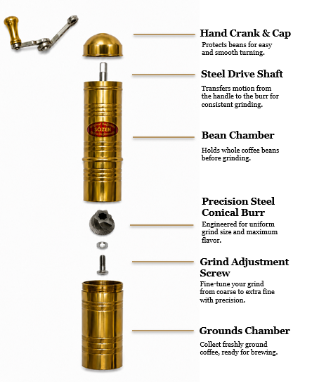 Sozen 7" Manual Coffee Grinder Brass – Hand Crank Burr Mill for Turkish Coffee, French Press, Espresso, Camping & Home Use – Portable Coffee Bean Grinder, Adjustable Conical Grinder