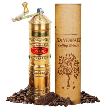 Sozen 7" Manual Coffee Grinder Brass – Hand Crank Burr Mill for Turkish Coffee, French Press, Espresso, Camping & Home Use – Portable Coffee Bean Grinder, Adjustable Conical Grinder