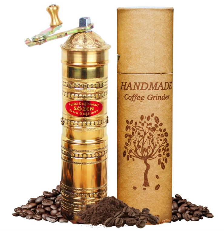 Sozen 7" Manual Coffee Grinder Brass – Hand Crank Burr Mill for Turkish Coffee, French Press, Espresso, Camping & Home Use – Portable Coffee Bean Grinder, Adjustable Conical Grinder