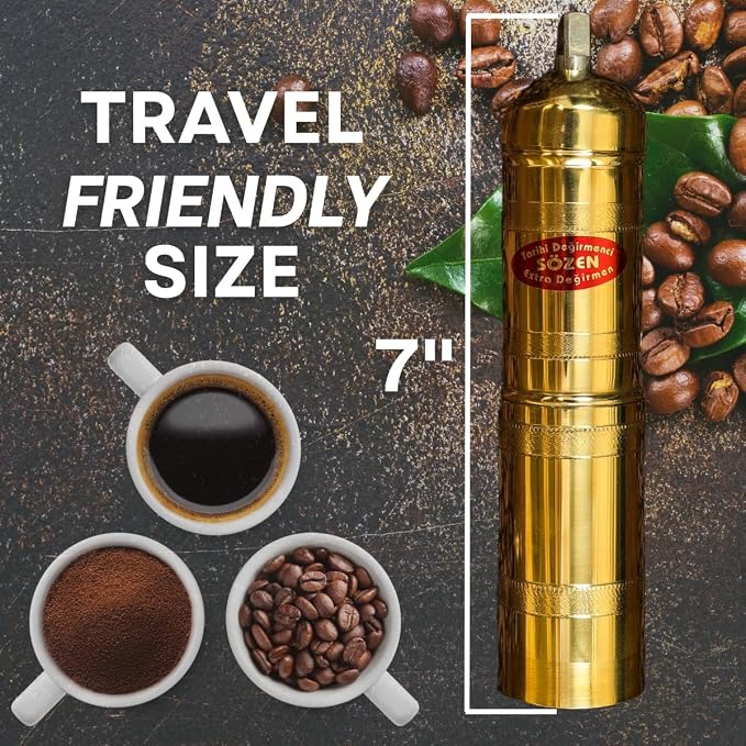 Sozen 7" Manual Coffee Grinder Brass – Hand Crank Burr Mill for Turkish Coffee, French Press, Espresso, Camping & Home Use – Portable Coffee Bean Grinder, Adjustable Conical Grinder
