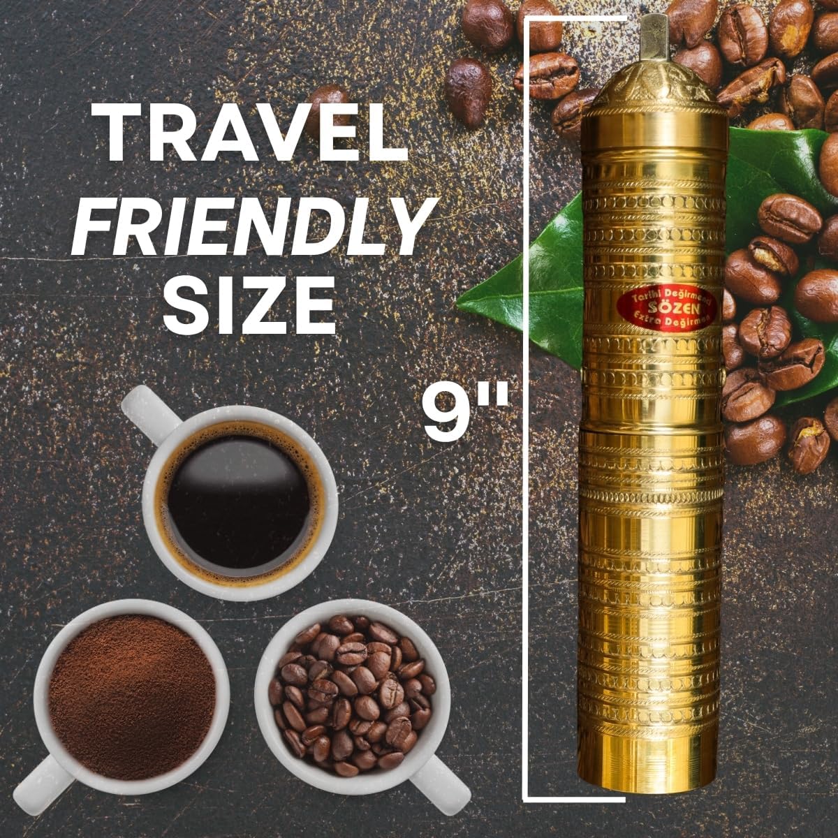 Sozen Hammered 9" Manual Coffee Grinder Brass – Hand Crank Burr Mill for Turkish Coffee, French Press, Espresso, Camping & Home Use – Portable Coffee Bean Grinder, Adjustable Conical Grinder